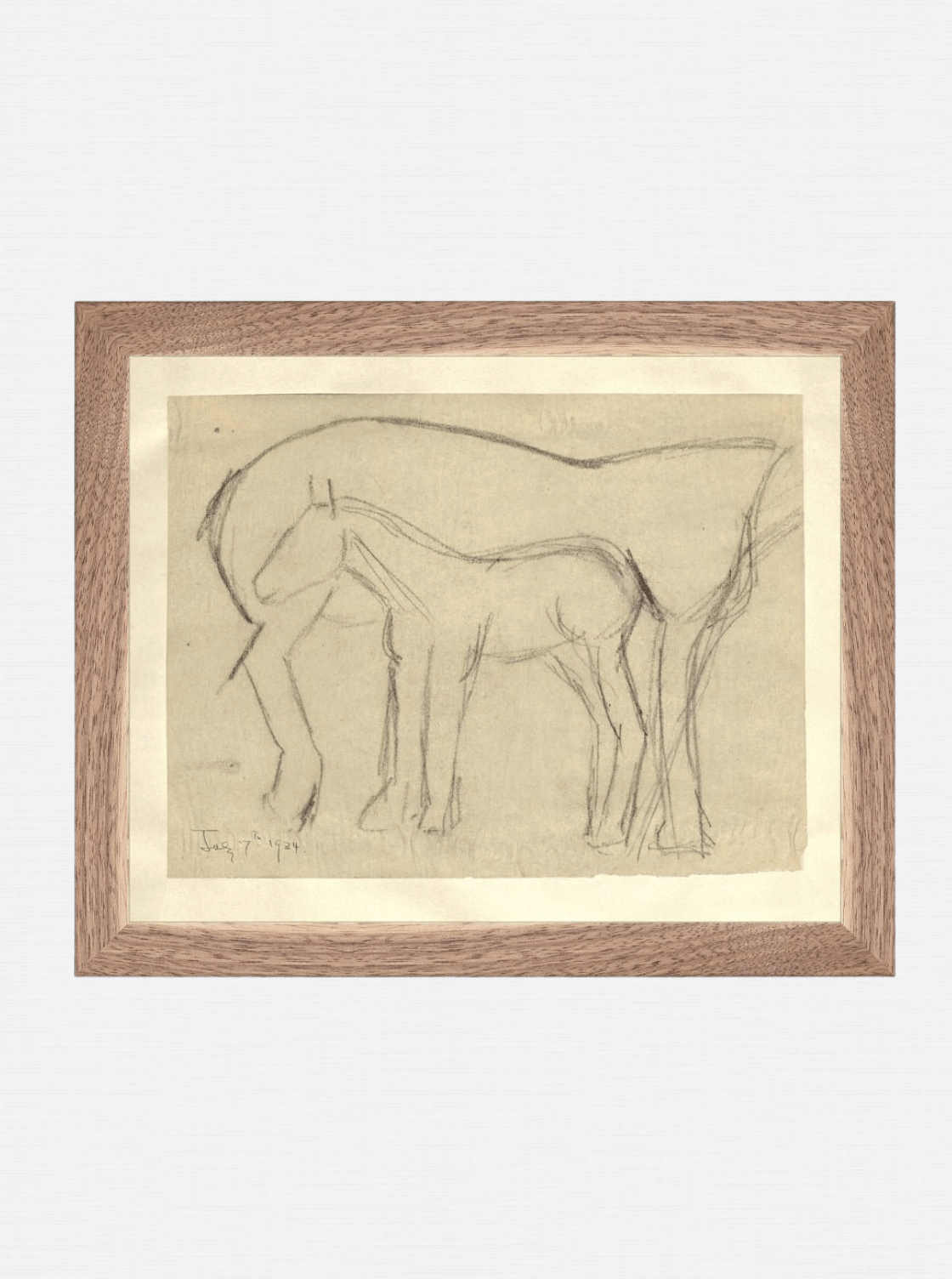 Croquis original dessiné à la main au crayon, représentant un poulain, sur papier mat. Moment entre une mère et son poulain.