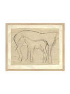 Croquis original dessiné à la main au crayon, représentant un poulain, sur papier mat. Moment entre une mère et son poulain.