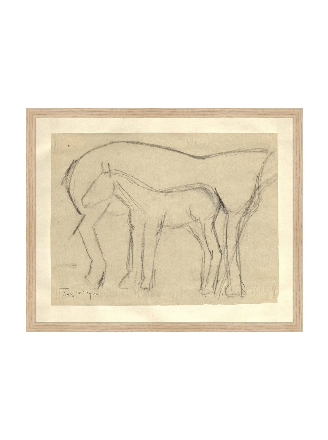 Croquis original dessiné à la main au crayon, représentant un poulain, sur papier mat. Moment entre une mère et son poulain.