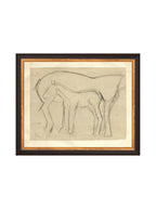 Croquis original dessiné à la main au crayon, représentant un poulain, sur papier mat. Moment entre une mère et son poulain.