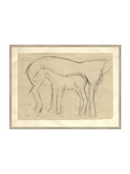 Croquis original dessiné à la main au crayon, représentant un poulain, sur papier mat. Moment entre une mère et son poulain.